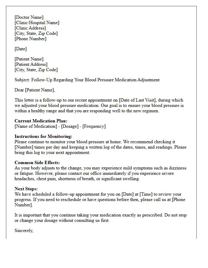 High Blood Pressure Medication Adjustment Follow-Up Letter