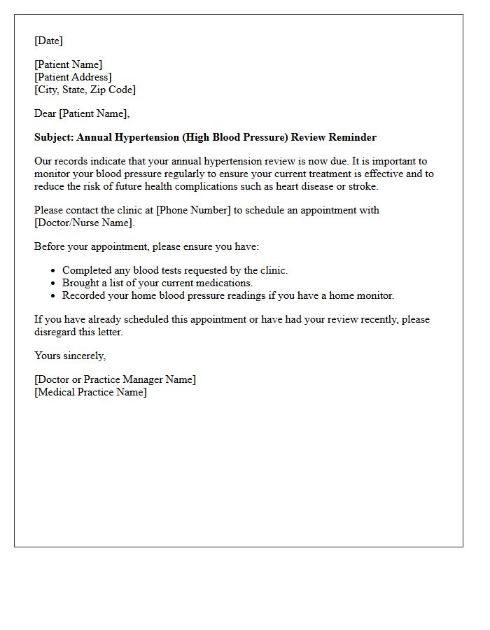 Chronic Hypertension Annual Review Reminder Letter