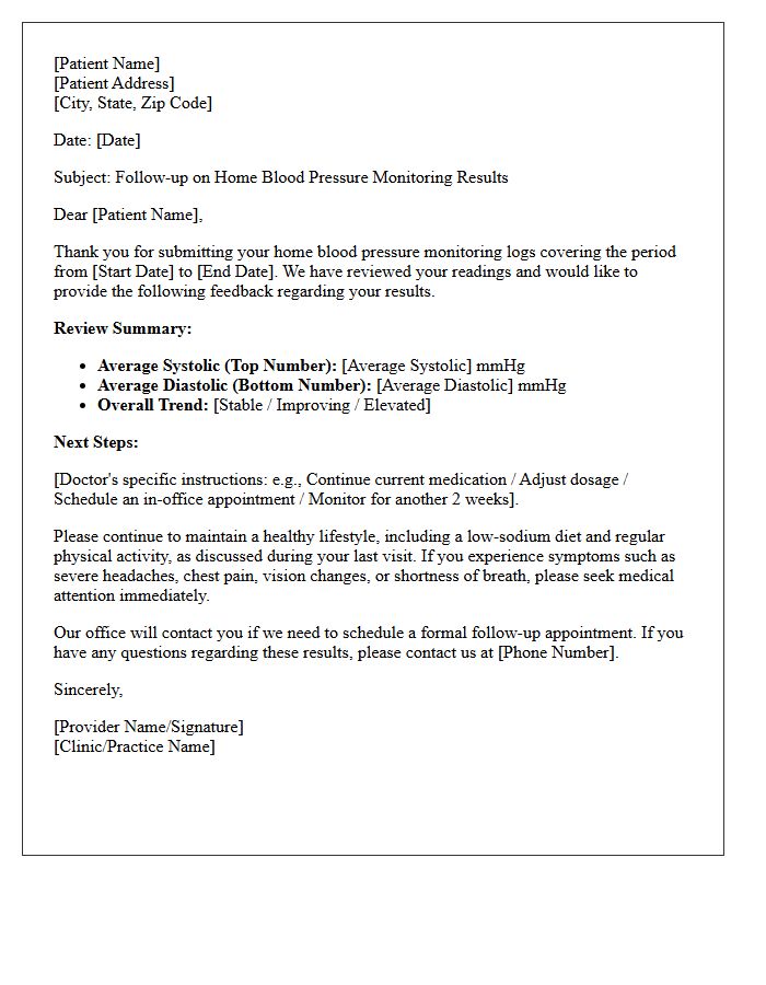 Blood Pressure Home Monitoring Results Follow-Up Letter