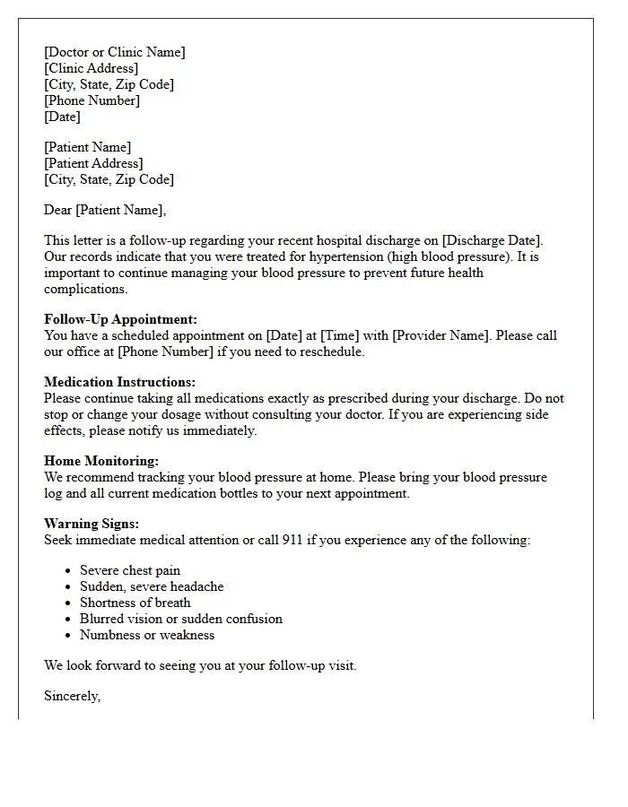 Post-Discharge Hypertension Management Follow-Up Letter
