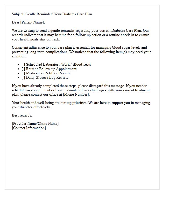Gentle Reminder Diabetes Care Plan Adherence Letter