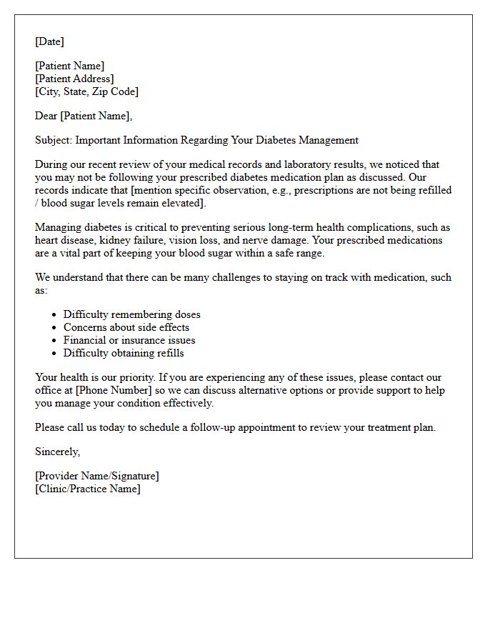Medication Non-Compliance Diabetes Patient Letter