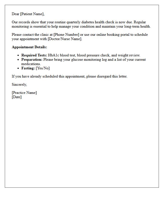 Routine Quarterly Diabetes Health Check Letter