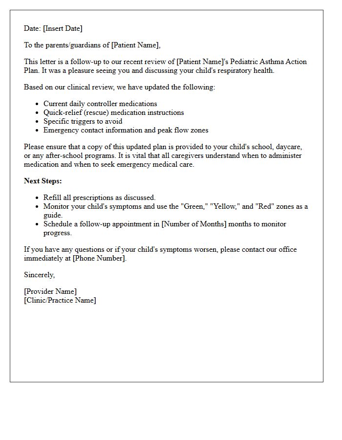 Pediatric Asthma Action Plan Review Follow-Up Letter
