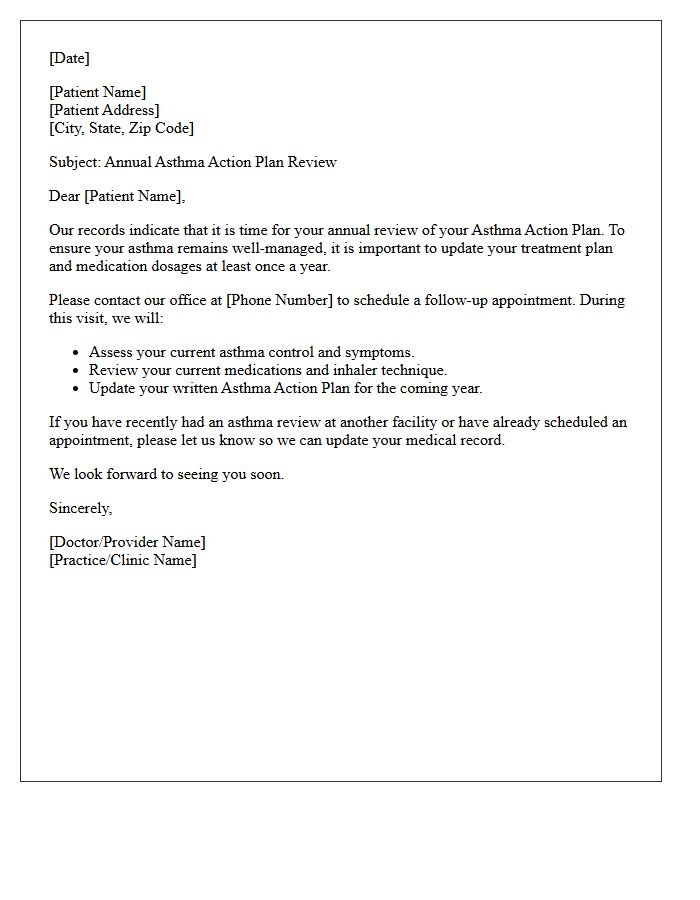 Annual Asthma Action Plan Review Follow-Up Letter