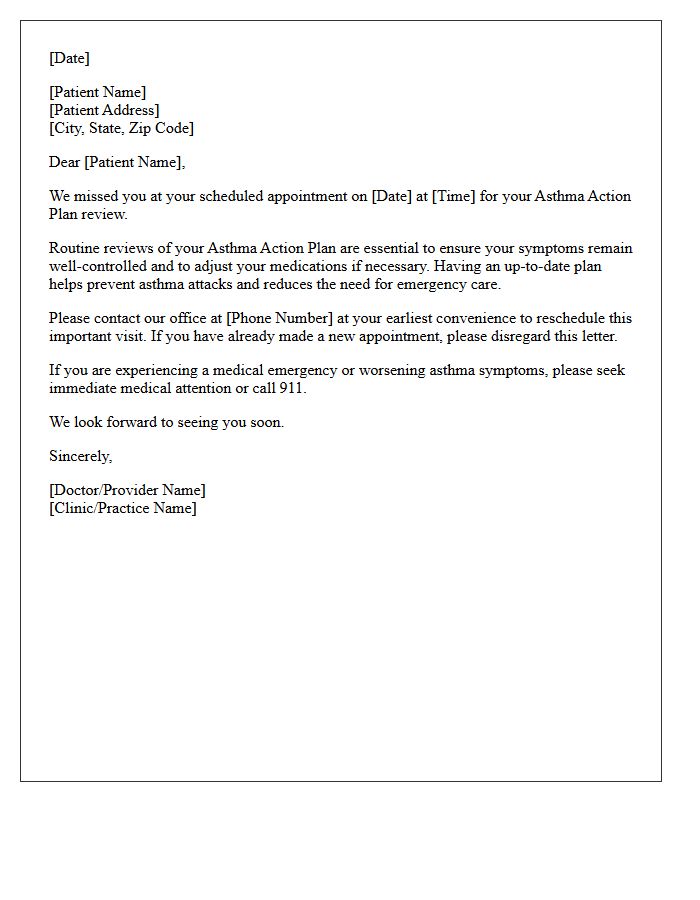 Missed Appointment Asthma Action Plan Review Follow-Up Letter