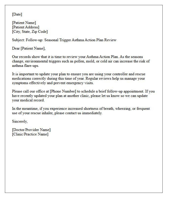 Seasonal Trigger Asthma Action Plan Review Follow-Up Letter