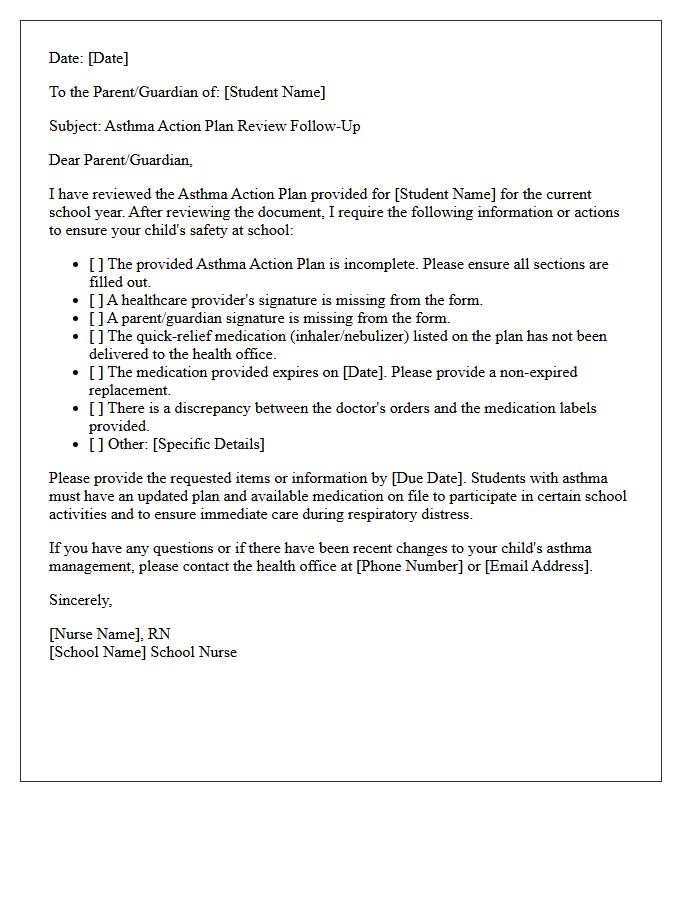 School Nurse Asthma Action Plan Review Follow-Up Letter