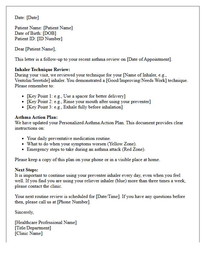 Inhaler Technique Asthma Action Plan Review Follow-Up Letter