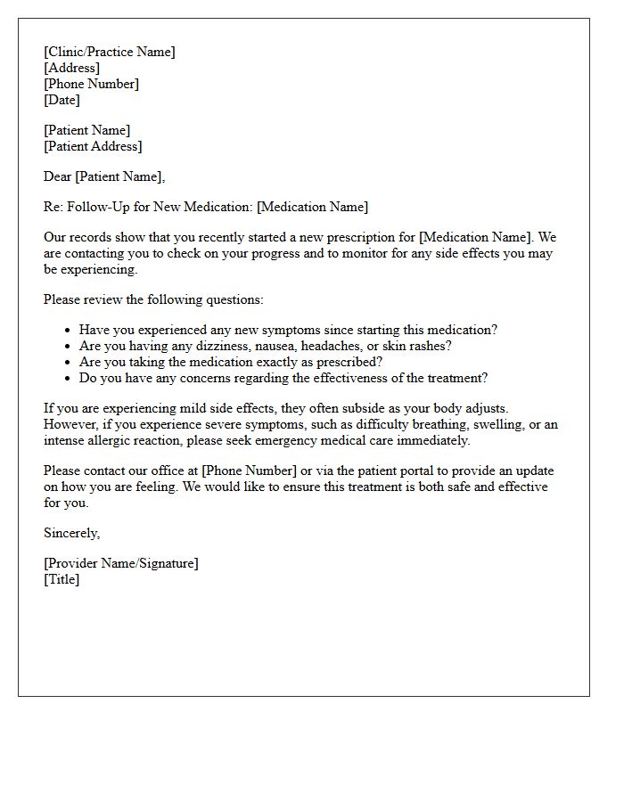 Initial New Prescription Side Effect Monitoring Follow-Up Letter