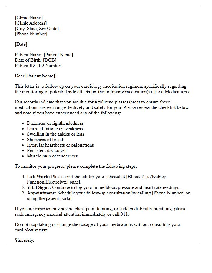 Cardiology Medication Side Effect Monitoring Follow-Up Letter