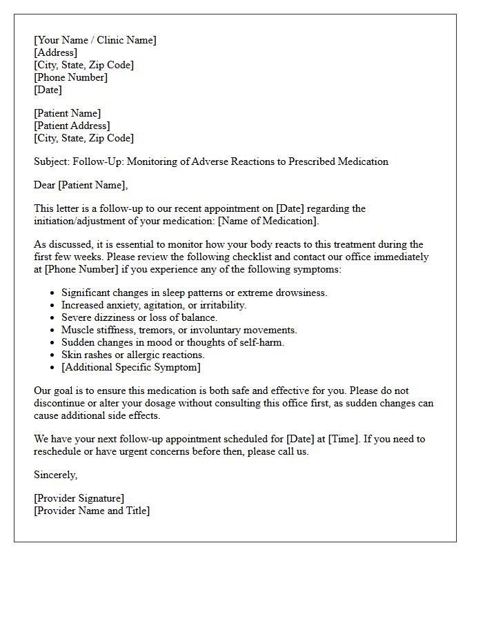 Psychiatric Drug Adverse Reaction Monitoring Follow-Up Letter