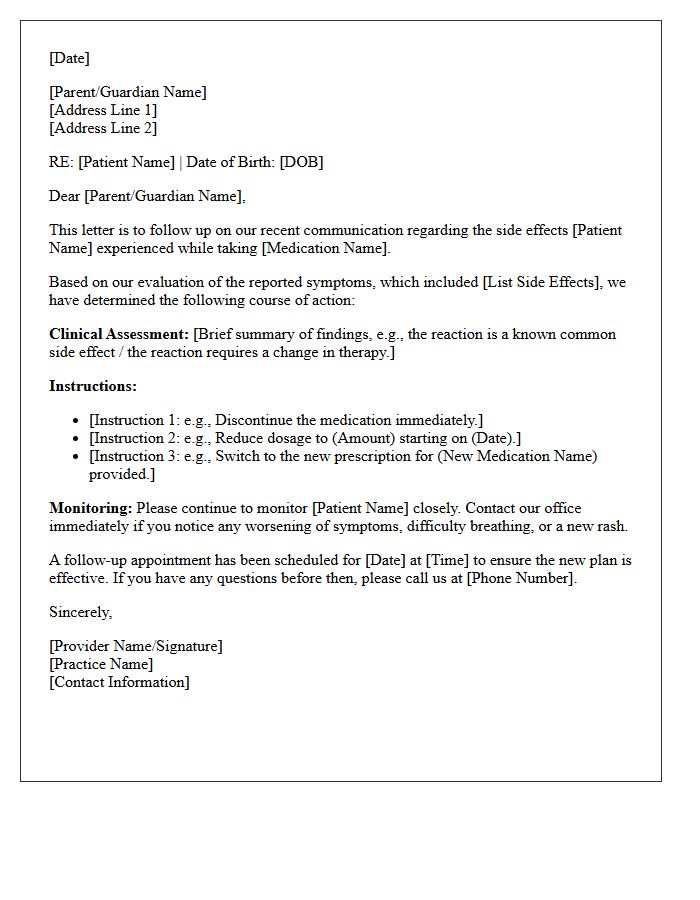 Pediatric Prescription Side Effect Evaluation Follow-Up Letter