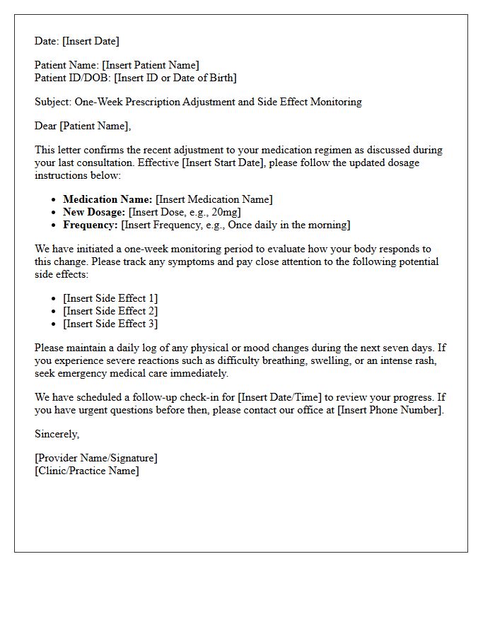 One-Week Prescription Adjustment And Side Effect Monitoring Letter
