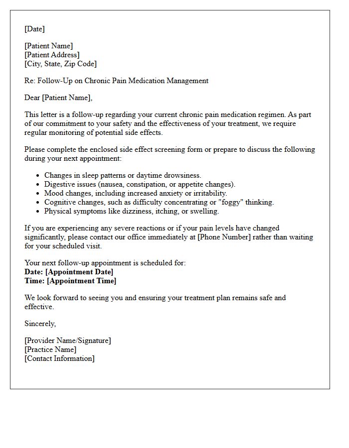Chronic Pain Medication Side Effect Monitoring Follow-Up Letter