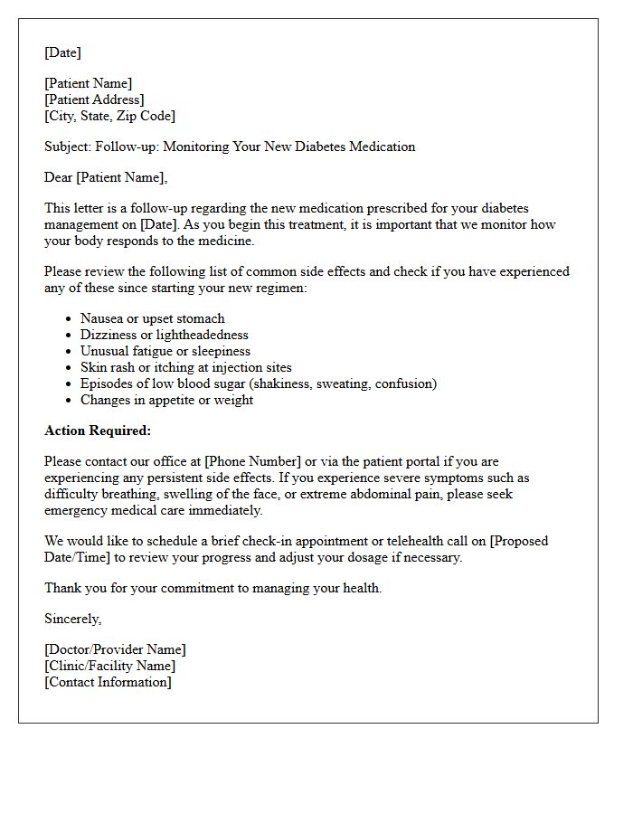 Diabetic Treatment Side Effect Monitoring Check-In Letter