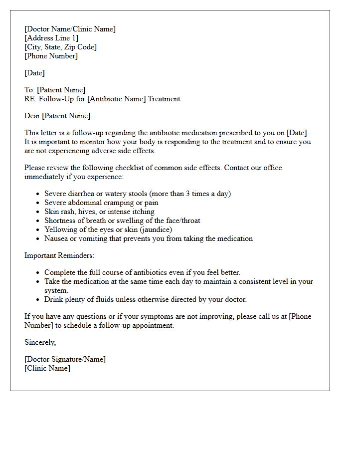 Antibiotic Treatment Side Effect Monitoring Follow-Up Letter