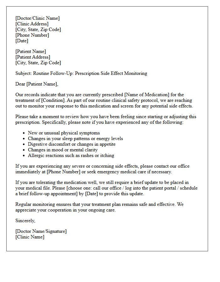 Routine Clinical Prescription Side Effect Monitoring Follow-Up Letter