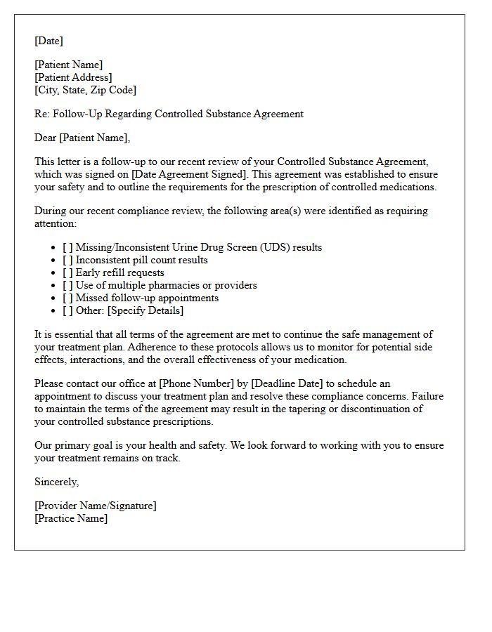Controlled Substance Contract Compliance Follow-Up Letter