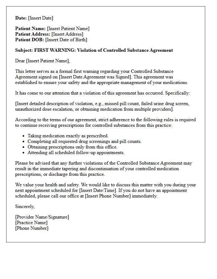 First Warning Letter for Controlled Substance Agreement Violation