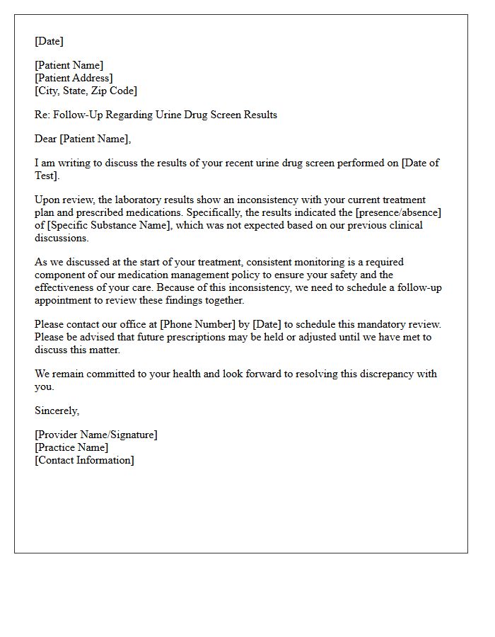 Urine Drug Screen Inconsistency Follow-Up Letter