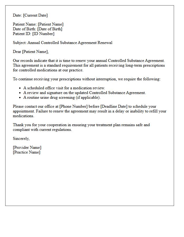 Annual Controlled Substance Agreement Renewal Letter