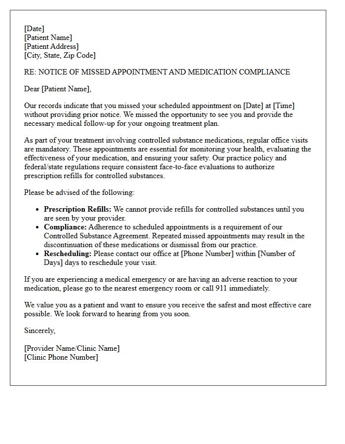 Missed Appointment and Controlled Substance Compliance Letter