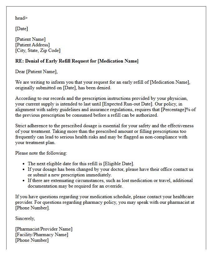 Early Refill Request Denial and Compliance Letter