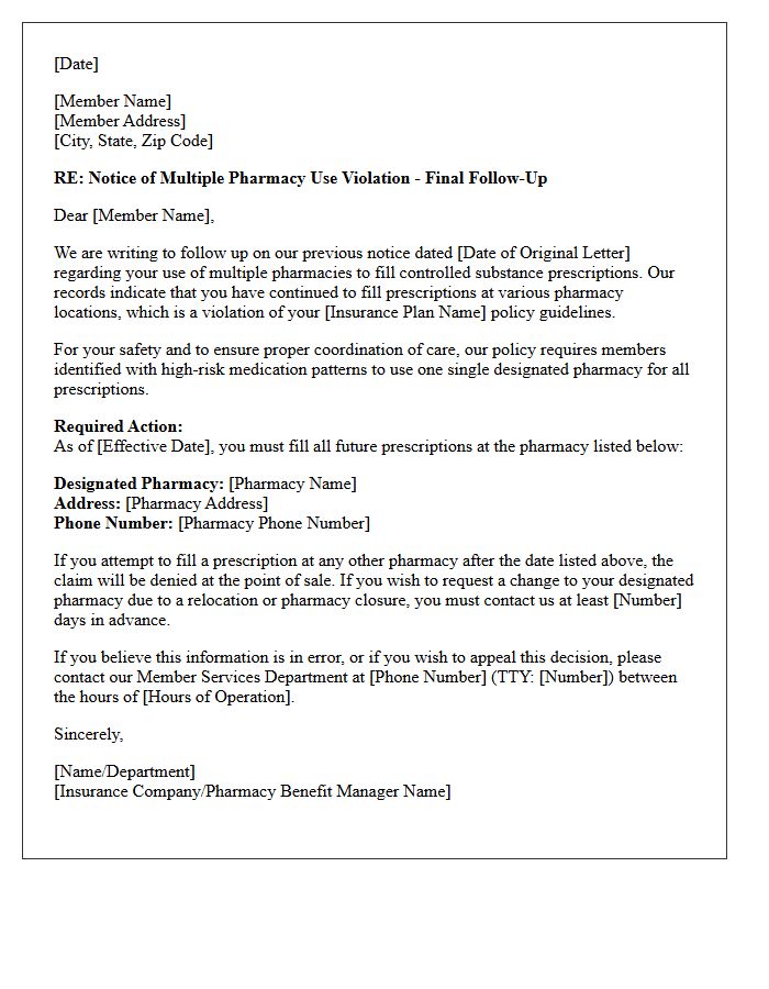 Multiple Pharmacy Use Violation Follow-Up Letter