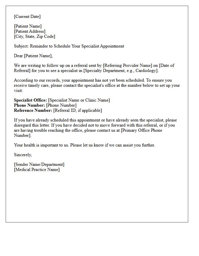 First Reminder Specialist Referral Scheduling Letter