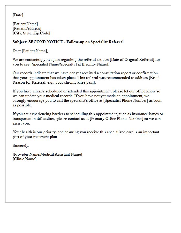 Second Notice Specialist Referral Follow-Up Letter