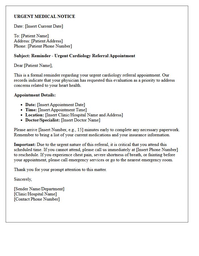 Urgent Cardiology Referral Appointment Reminder Letter