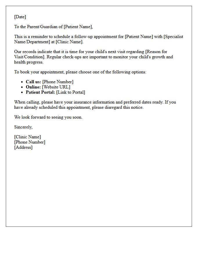 Pediatric Specialist Appointment Booking Reminder Letter