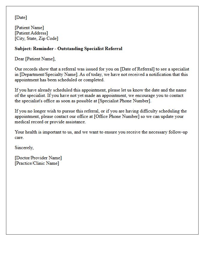 Outstanding Specialist Referral Scheduling Letter
