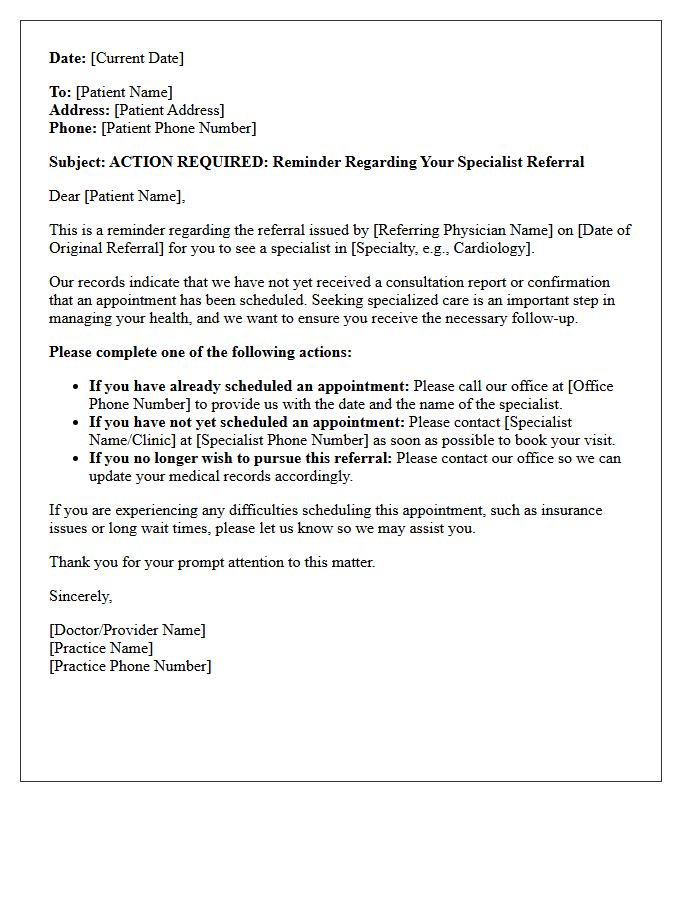 Action Required Specialist Referral Reminder Letter
