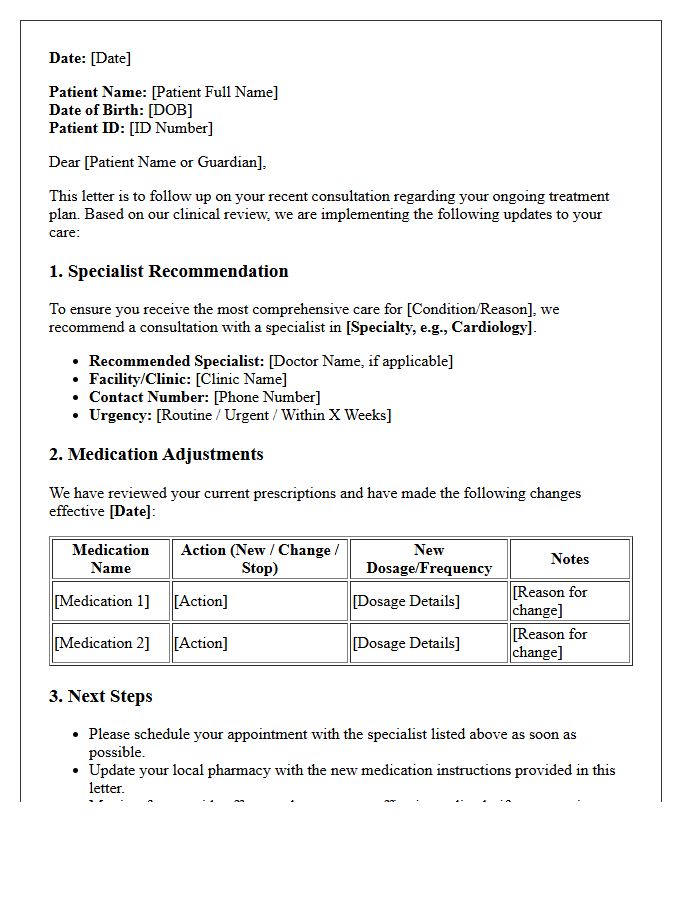 Specialist Recommendation And Medication Adjustment Follow-Up Letter