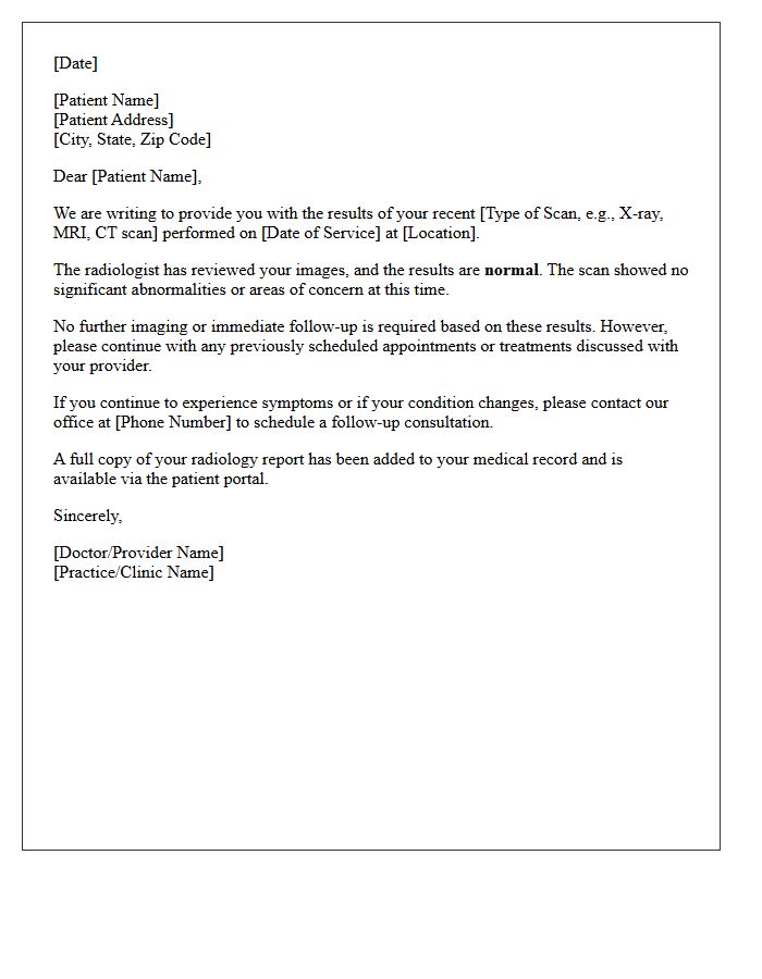 Normal Imaging and Radiology Scan Results Follow-Up Letter