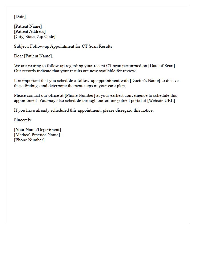 CT Scan Results Appointment Scheduling Follow-Up Letter