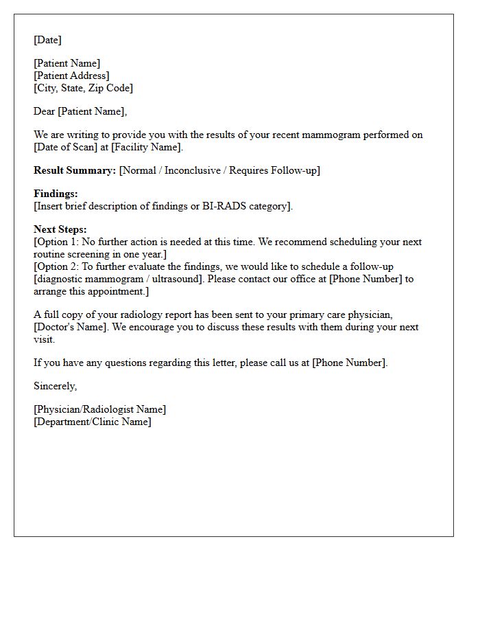 Mammogram Radiology Scan Results Follow-Up Letter
