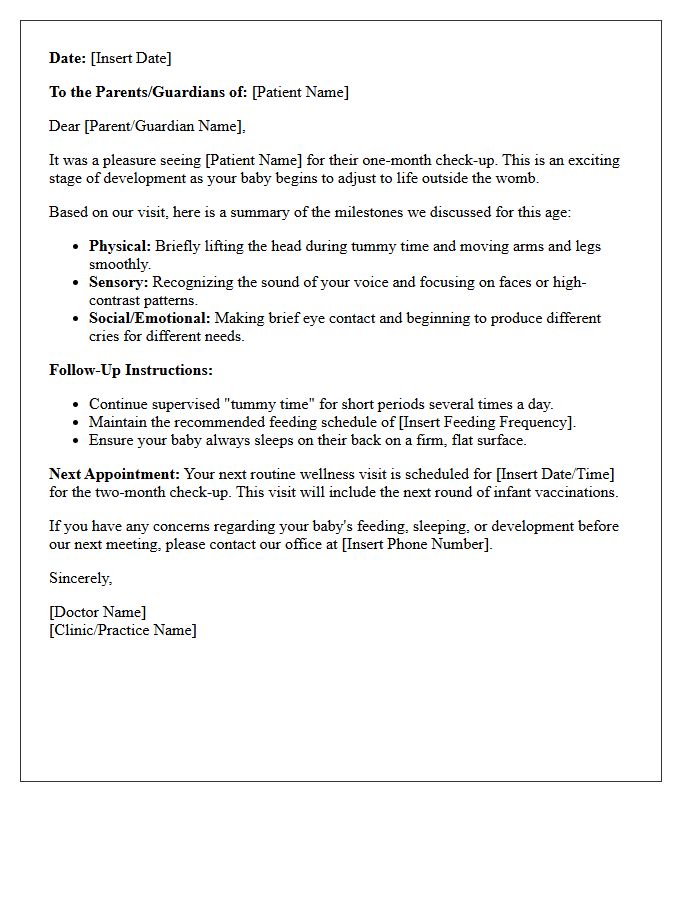 One-Month Pediatric Milestone Follow-Up Letter