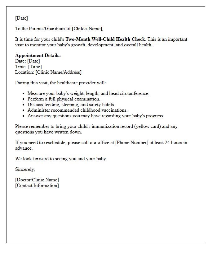 Two-Month Well-Child Health Check Letter