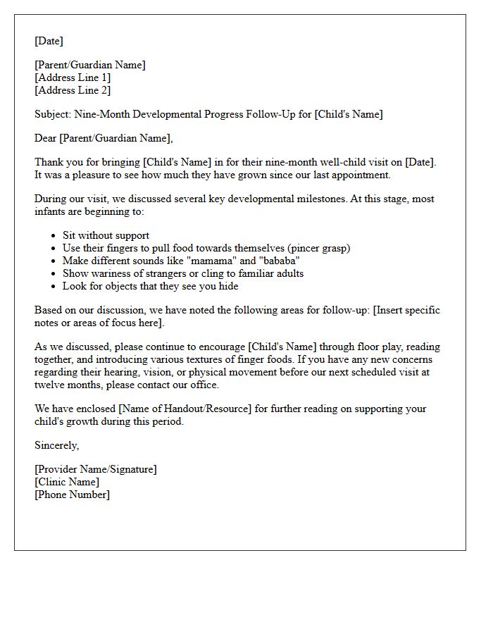 Nine-Month Developmental Progress Follow-Up Letter