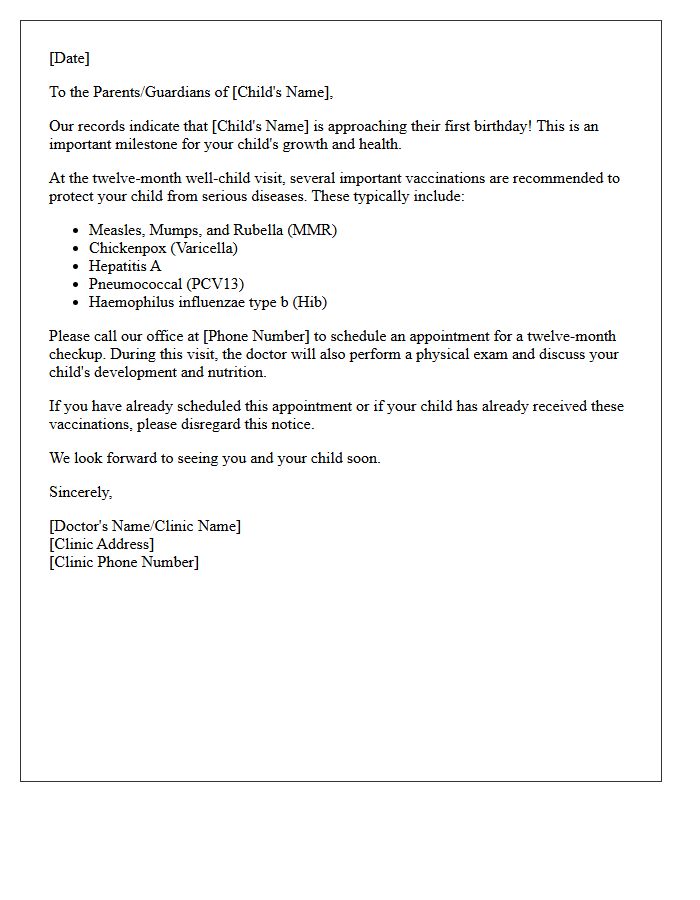 Twelve-Month Well-Child Vaccination Reminder Letter