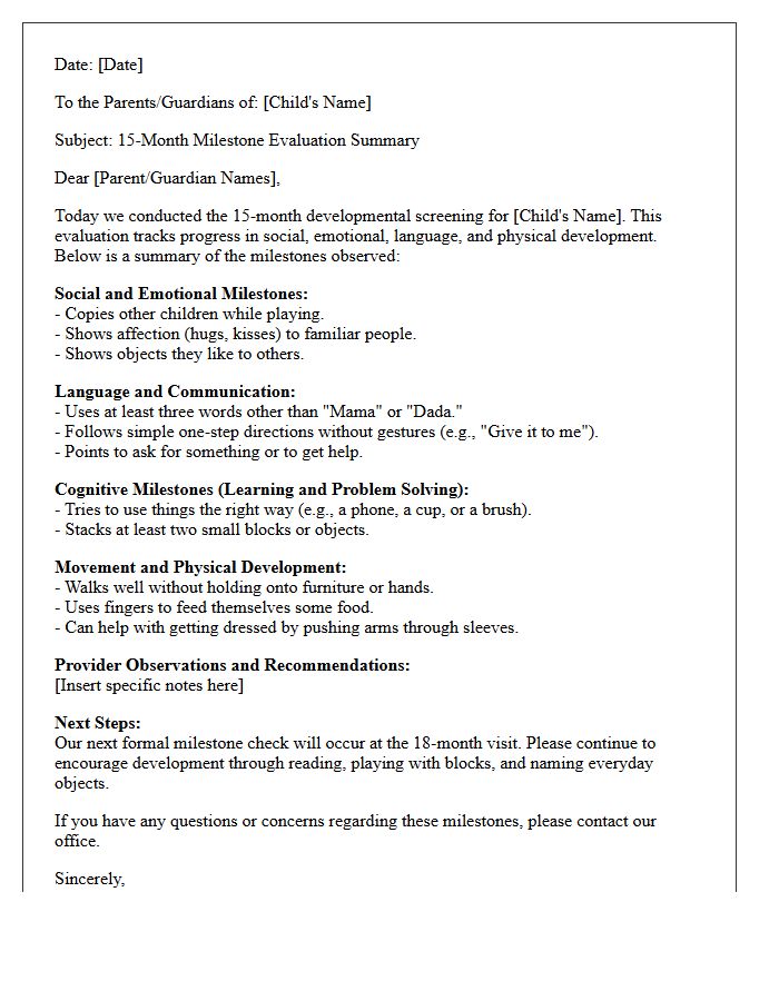 Fifteen-Month Toddler Milestone Evaluation Letter