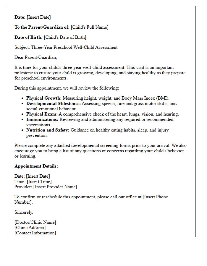Three-Year Preschool Well-Child Assessment Letter