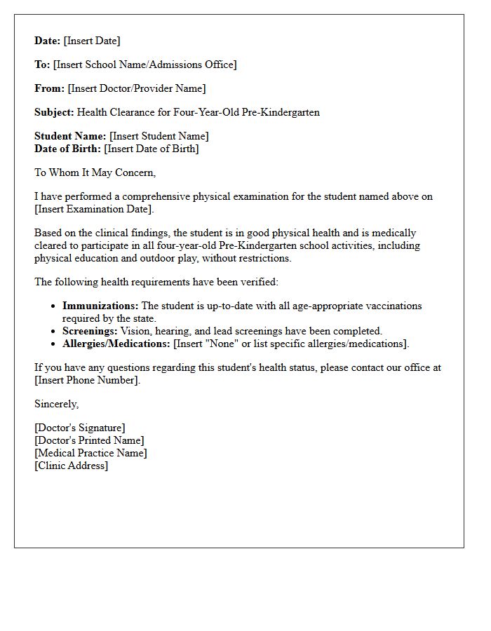 Four-Year Pre-Kindergarten Health Clearance Letter