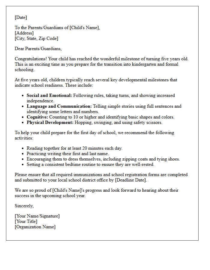 Five-Year School Readiness Milestone Letter