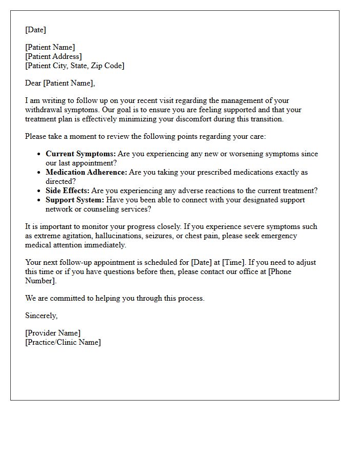 Withdrawal Symptom Management Follow-Up Letter
