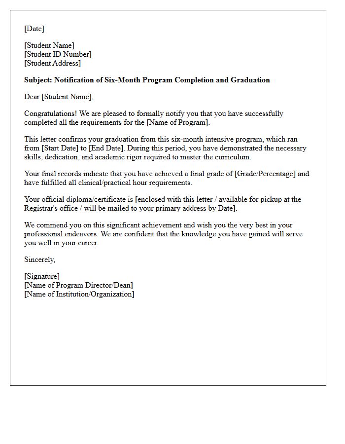 Six Month Program Completion And Graduation Letter