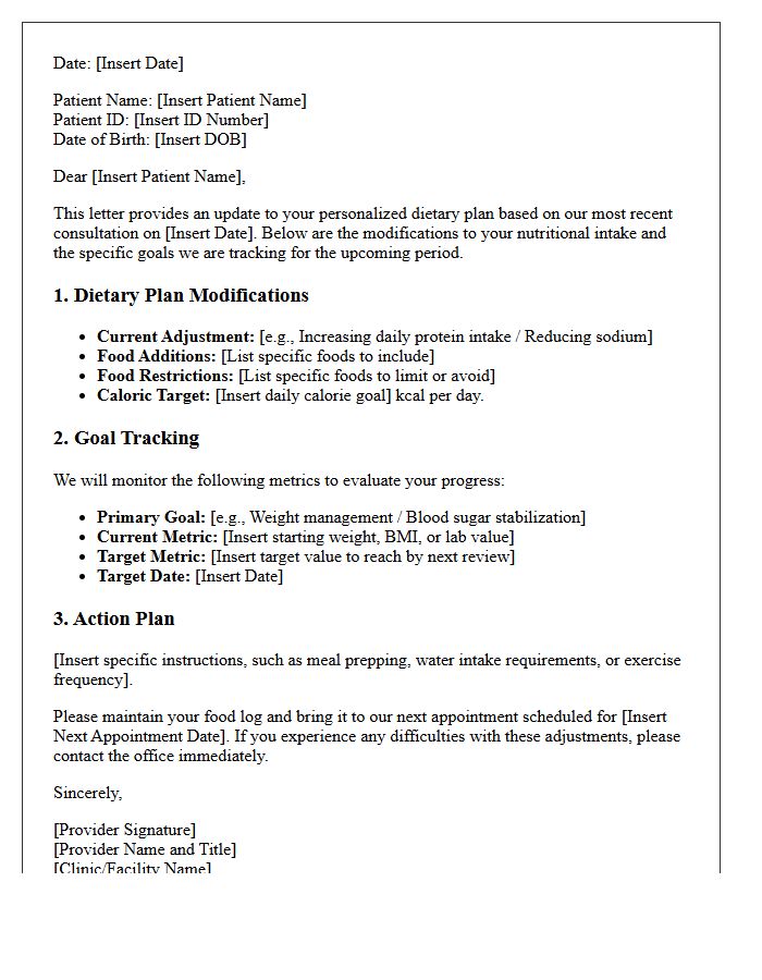 Dietary Plan Modification and Goal Tracking Letter